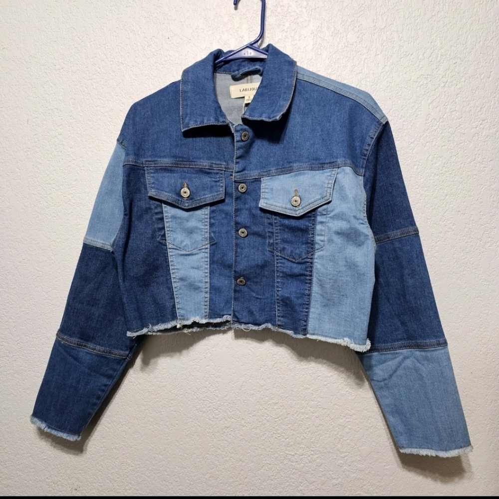 LABIJOU Mulri-tone Patch Crop Raw Hem Denim Jacket Small Boutique NWT